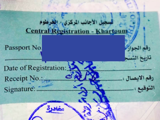 Sudan, Visa, Registration Sticker