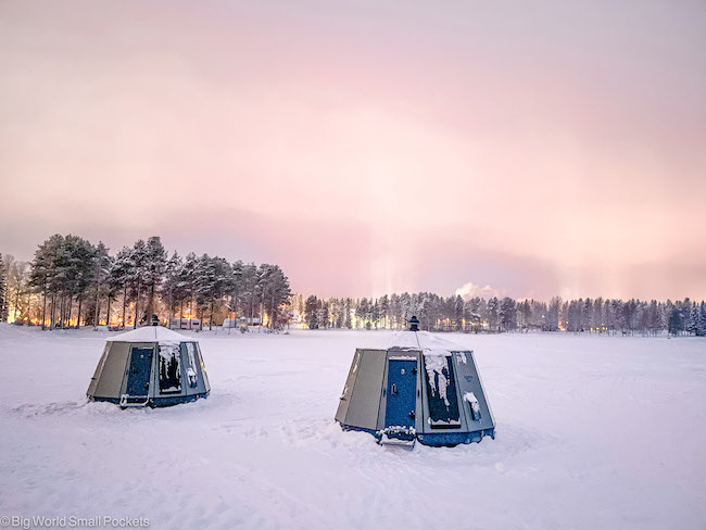 Finland, Lapland, Glass Igloos at Sunset