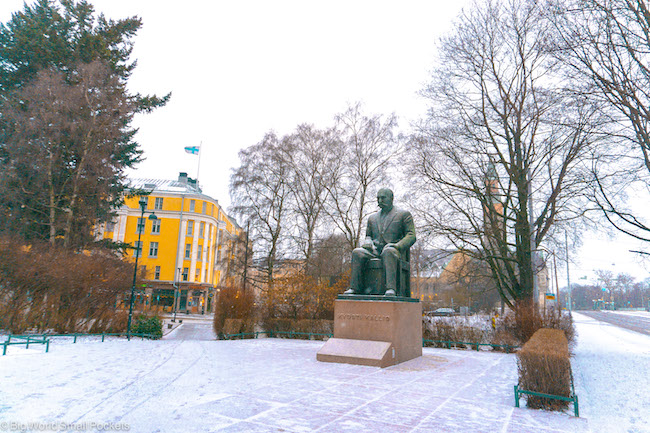 Finland, Helsinki, Snowy Statue