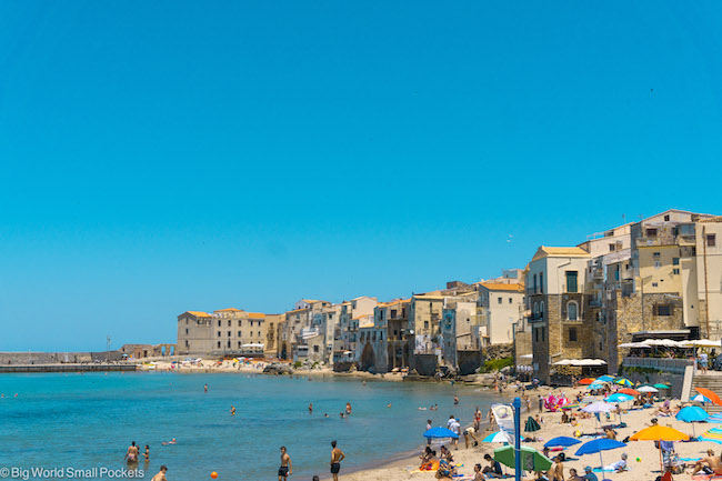 Sicily, Cefalu, Beach & Old Town View