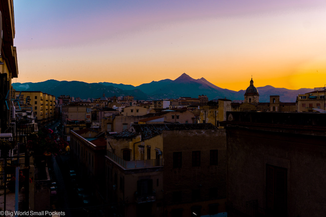 Italy, Sunset over City, Orange Sky