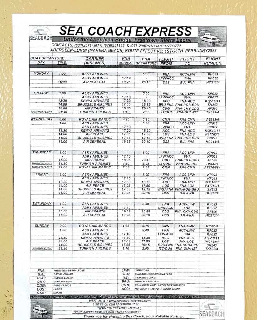 Sierra Leone, Airport Sea Ferry, Timetable