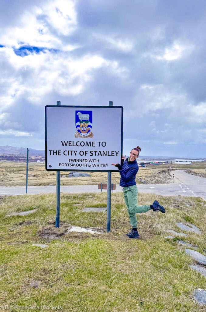 Falklands, Stanley, Me at Sign