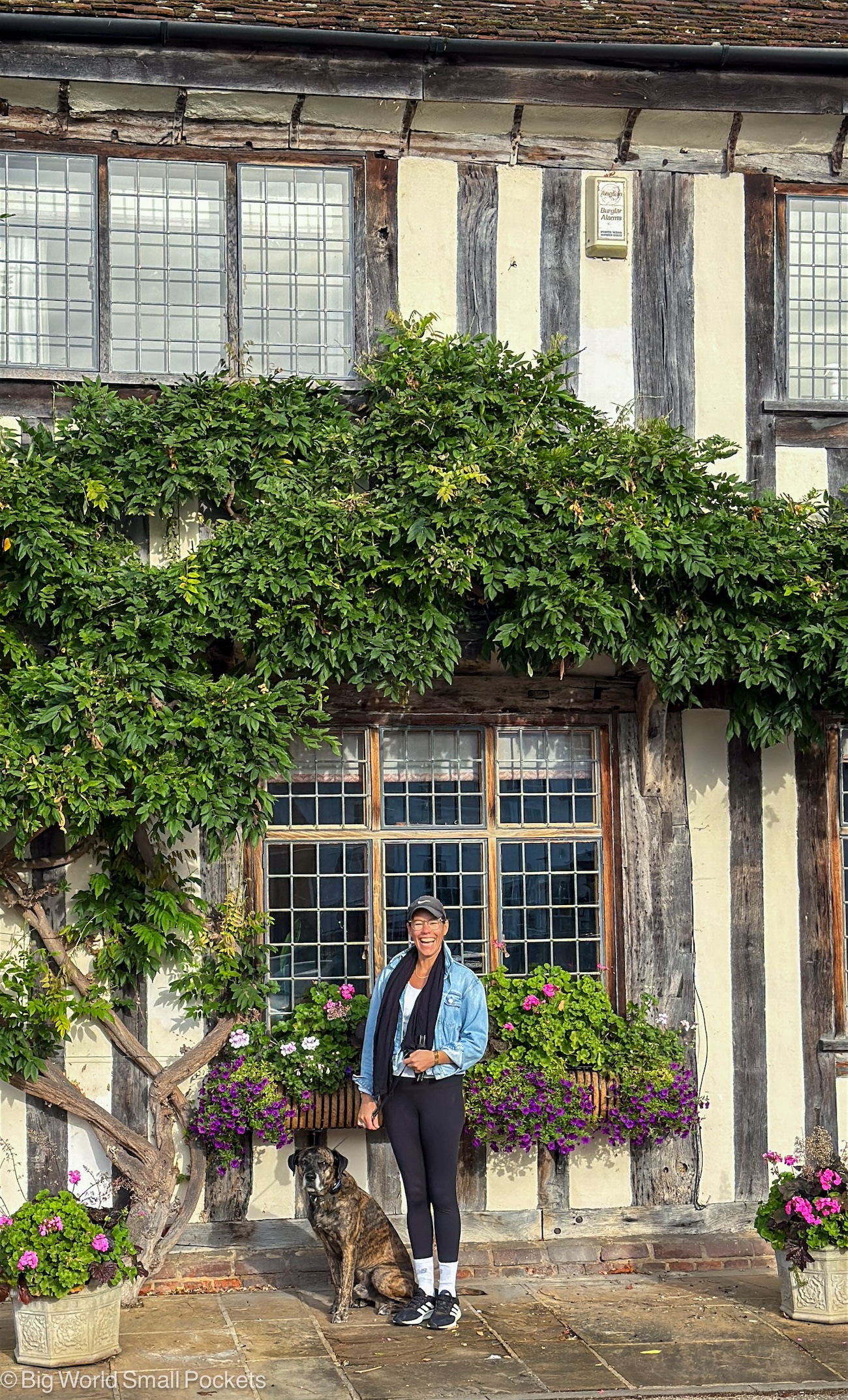 Suffolk, Lavenham, Me and Dog Stood Outside Tudor House with Exposed Wooden Beams