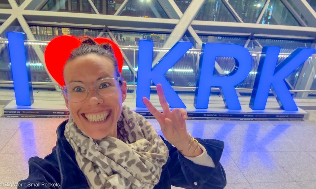 Poland, Krakow Airport, I Love Krakow Sign and Me