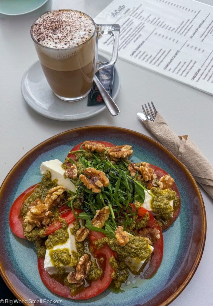 Portuguese Camino, Cafe Meal, Tomato Salad and Coffee