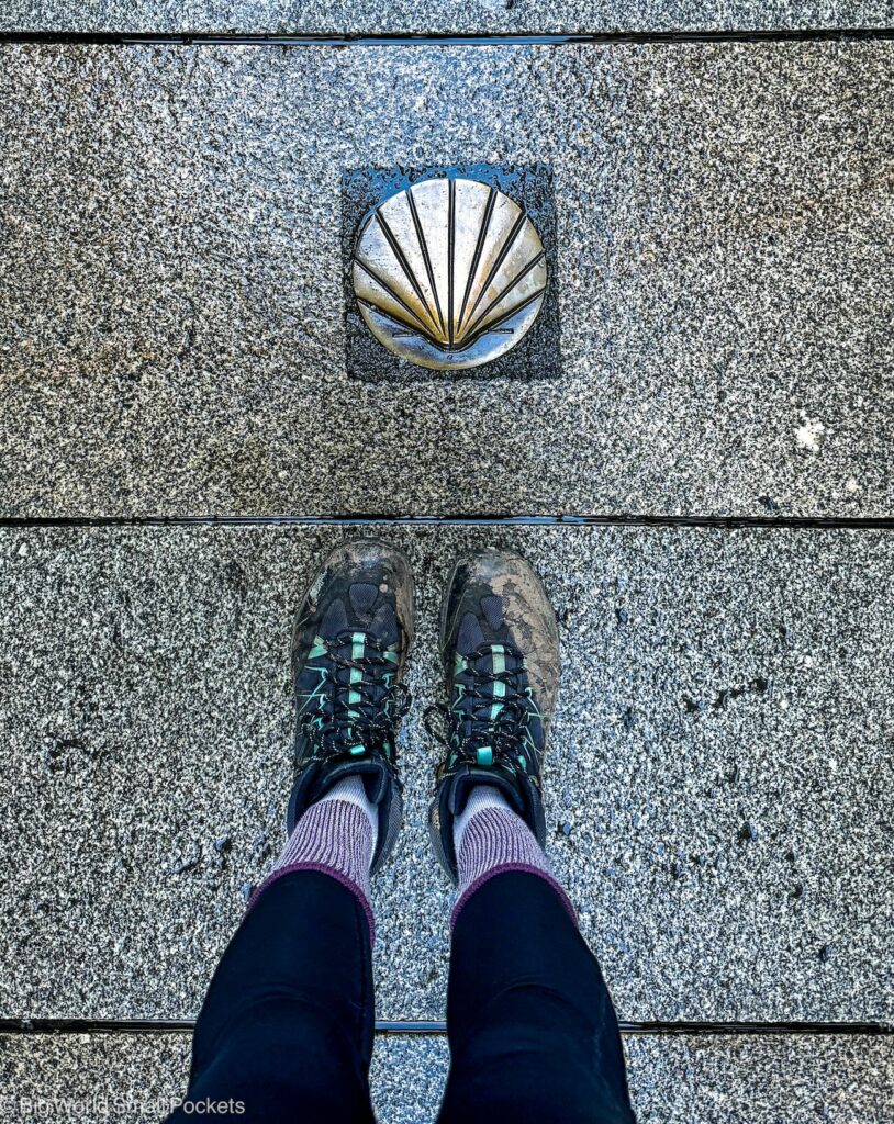 Spain, Camino de Santiago, Scallop Shell and Hiking Boots