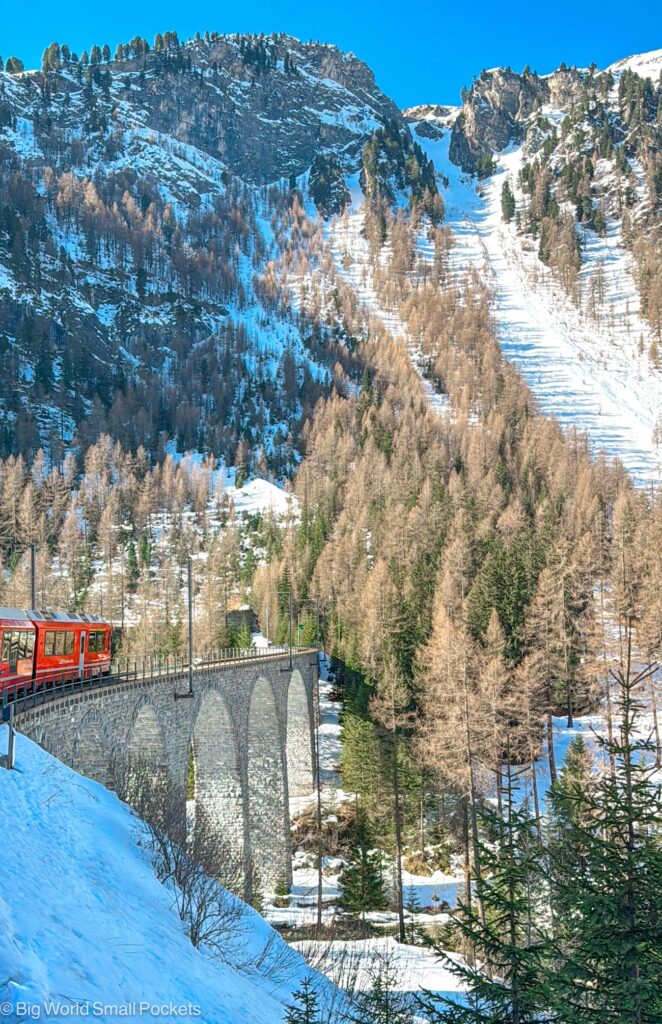 Switzerland, Bernina Express, Viaduct in Snow