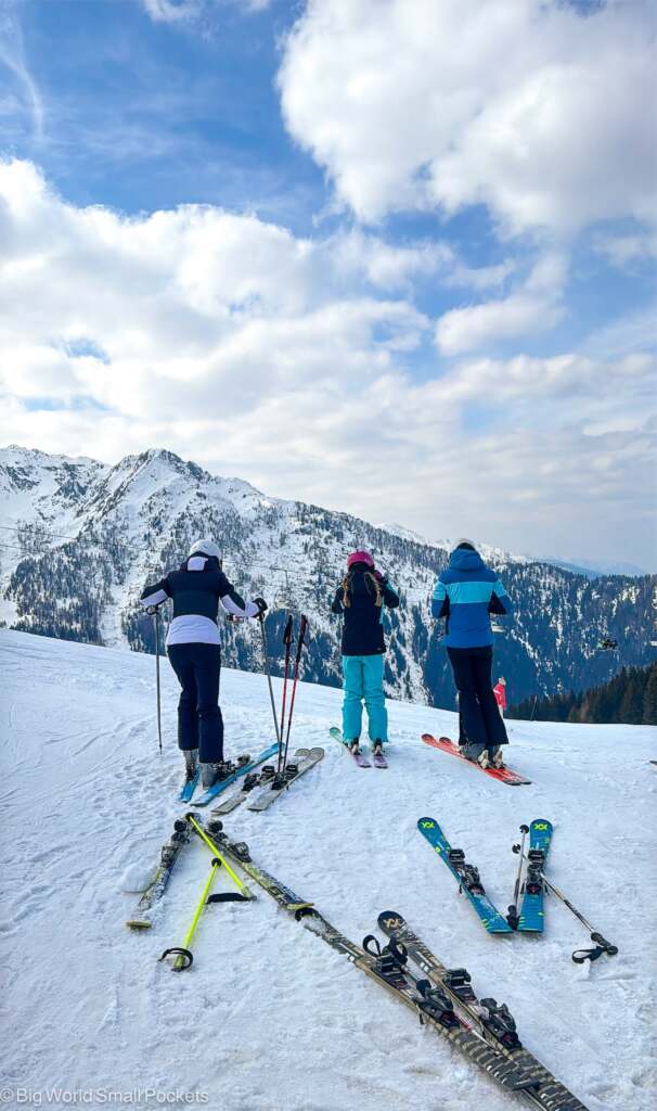 Italy, Aprica, 3 Women at Slope Summit
