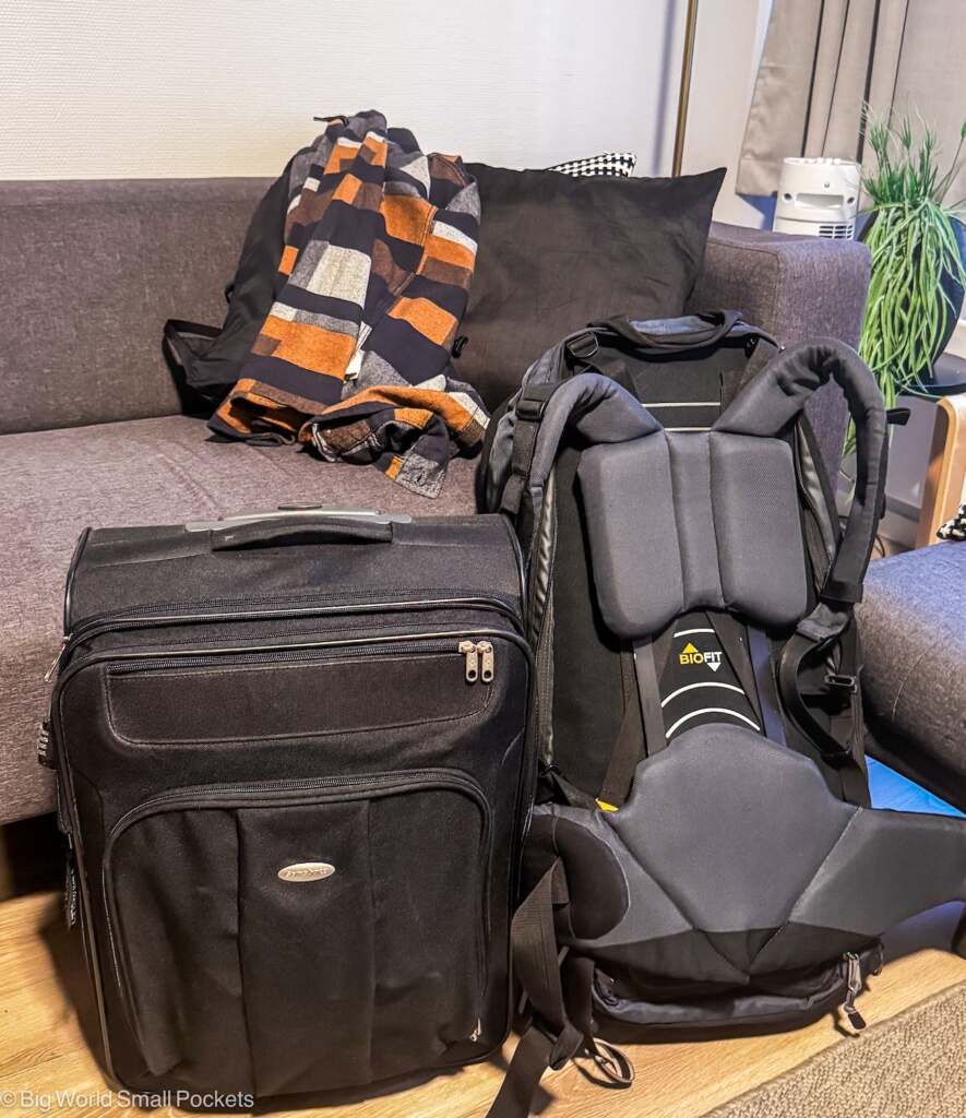 Oslo, Airbnb Sofa, Rucksack and Suitcase