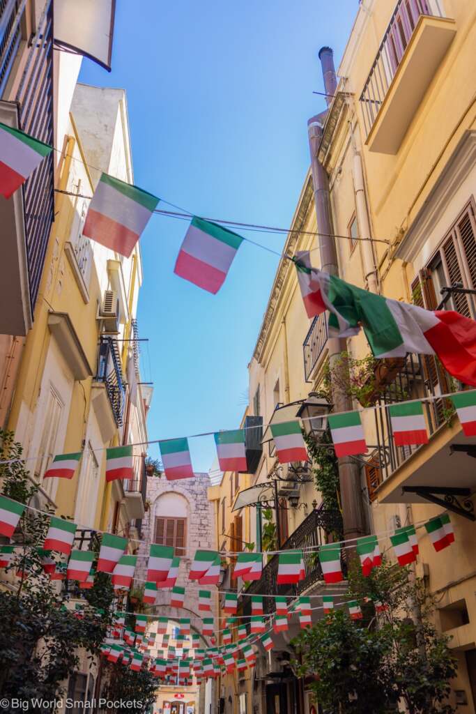 Italy, Bari, Street with Italian Flags