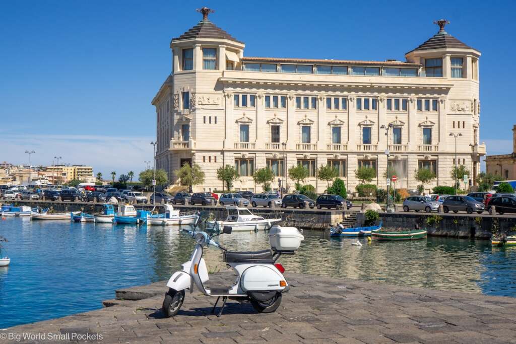 Sicily, Siracusa, Harbour View with White Scooter