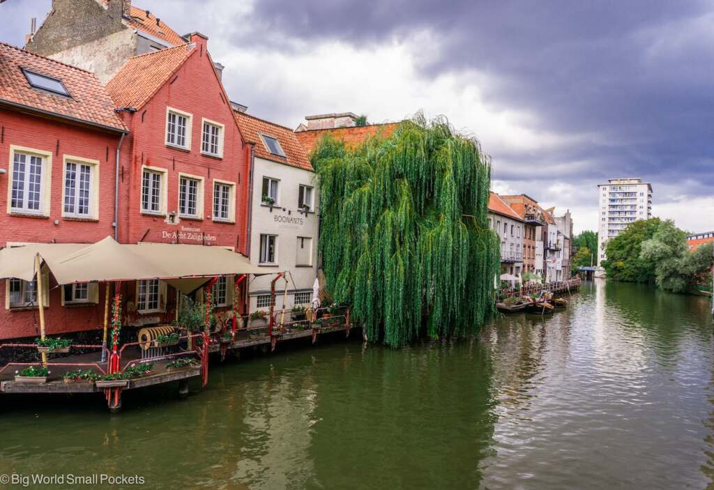 Belgium, Ghent, Canal with Weepimg Willow