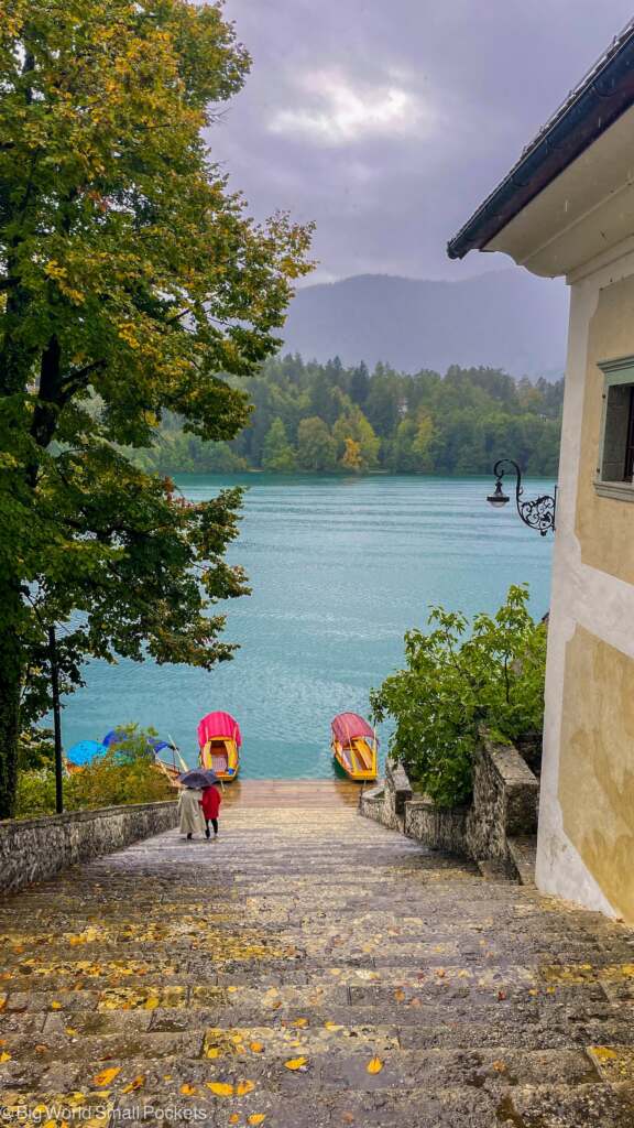 Slovenia, Lake Bled, Steps Down to Water