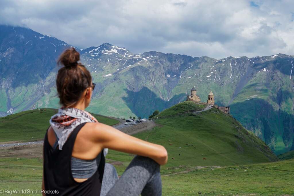 Georgia, Kazbegi, Me with Gergeti Trinity Church