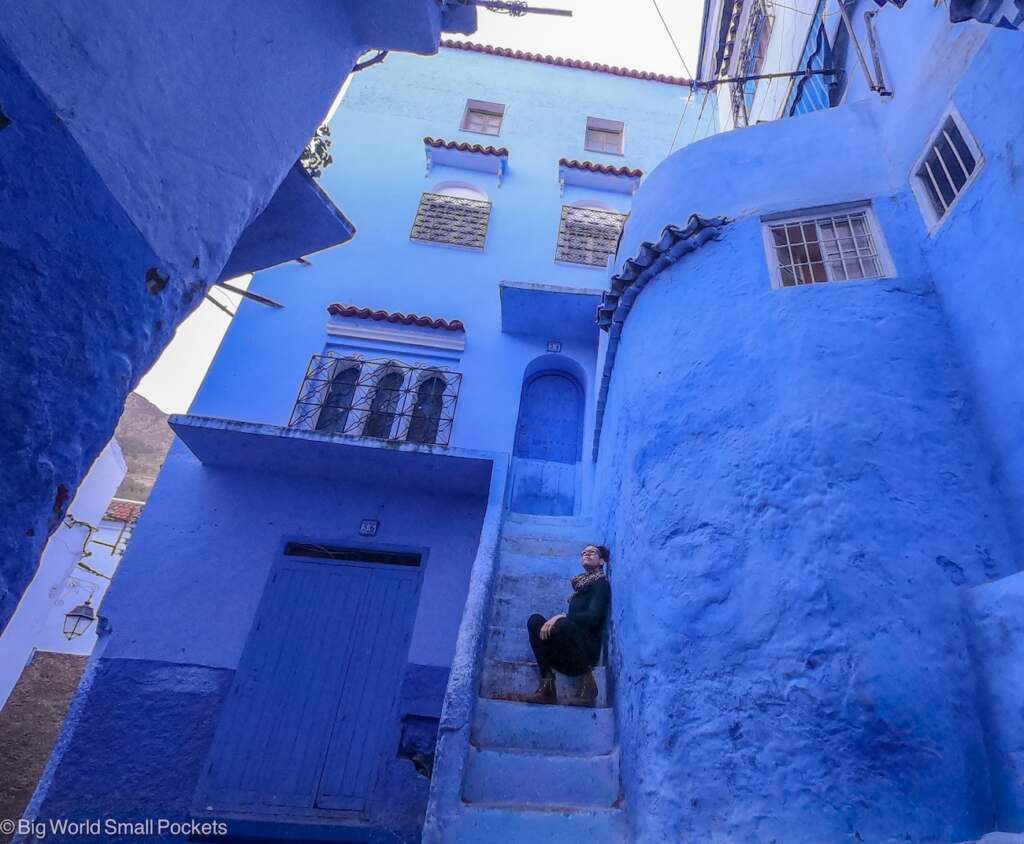 Morocco, Chefchaouen, Me on Blue Steps