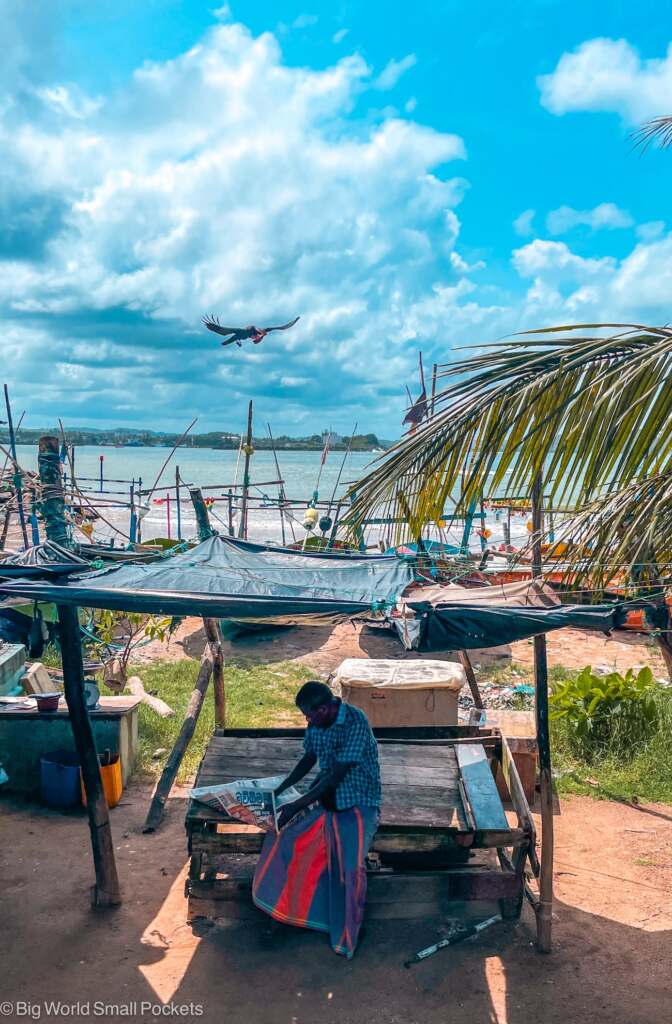 Sri Lanka, Galle, Man by Stall with Eagle Overhead